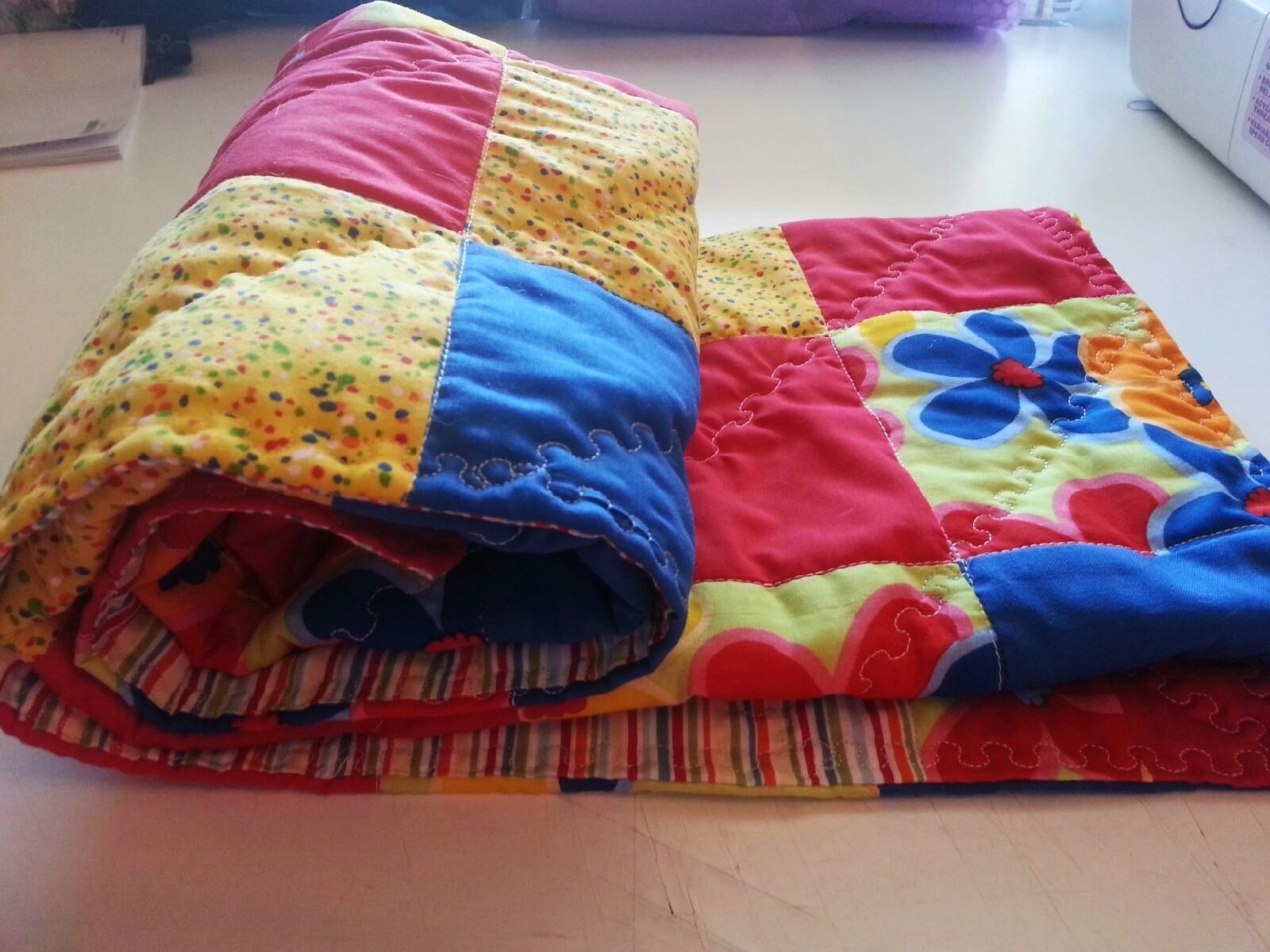 Hand Made Custom Red, Blue, Yellow Flowered Modern Baby Quilt by 