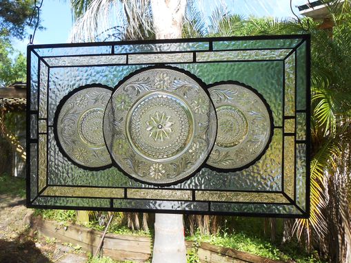 Custom Made Vintage Look Traditional Stained Glass Transom Window, Tiara Sandwich Glass Plate Panel