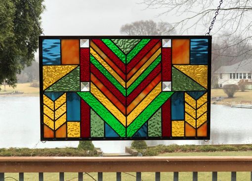 Custom Made Arts And Crafts Prairie Mission Style Stained Glass Window Panel Hanging