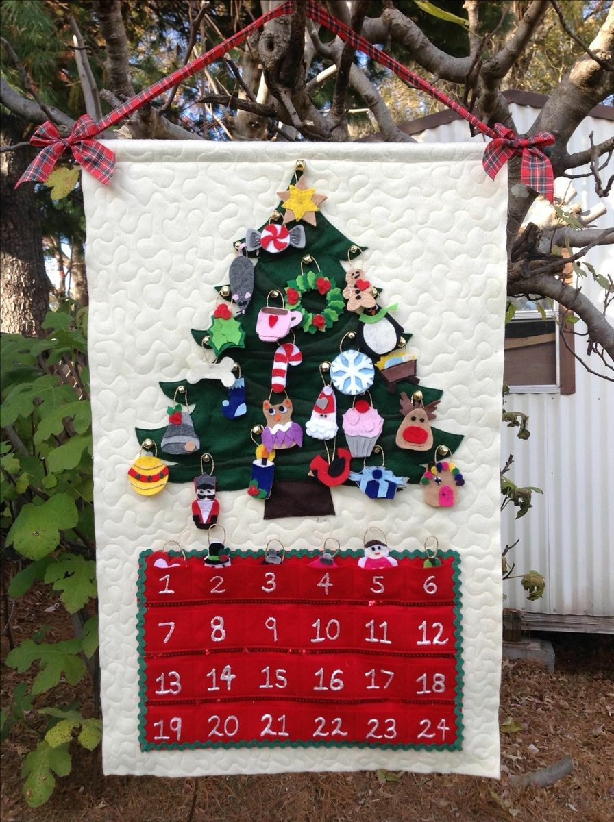 Handmade Custom Quilted Christmas Advent Calendar Wall Hanging With Personalized Ornaments by