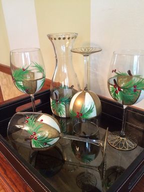 Custom Made Painted Wine Glasses // Holiday Wine Glasses // Pine Berry Wine Glasses