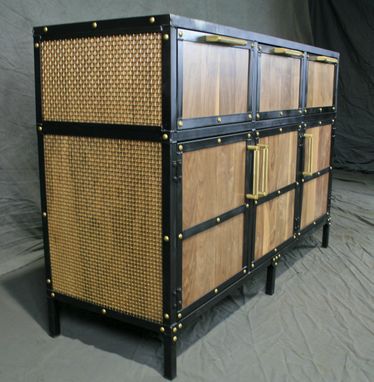 Custom Made Industrial Sideboard With Brass Accents. Mobile Buffet With Brass Rivets. Custom Media Console.