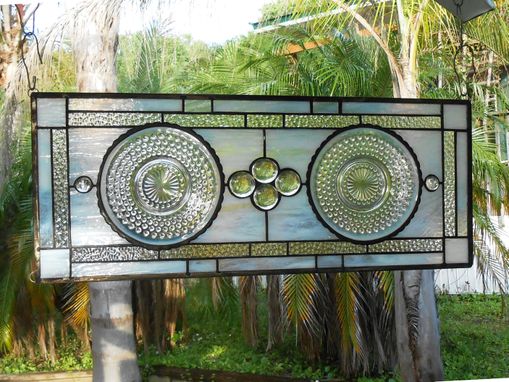 Custom Made Depression Glass Stained Glass Panel, 1960s Brockway Giveaway Plates, Vintage Stained Glass Transom