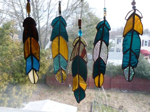 Custom Made Beaded Stained Glass Eagle Feather In Brown And Turquoise