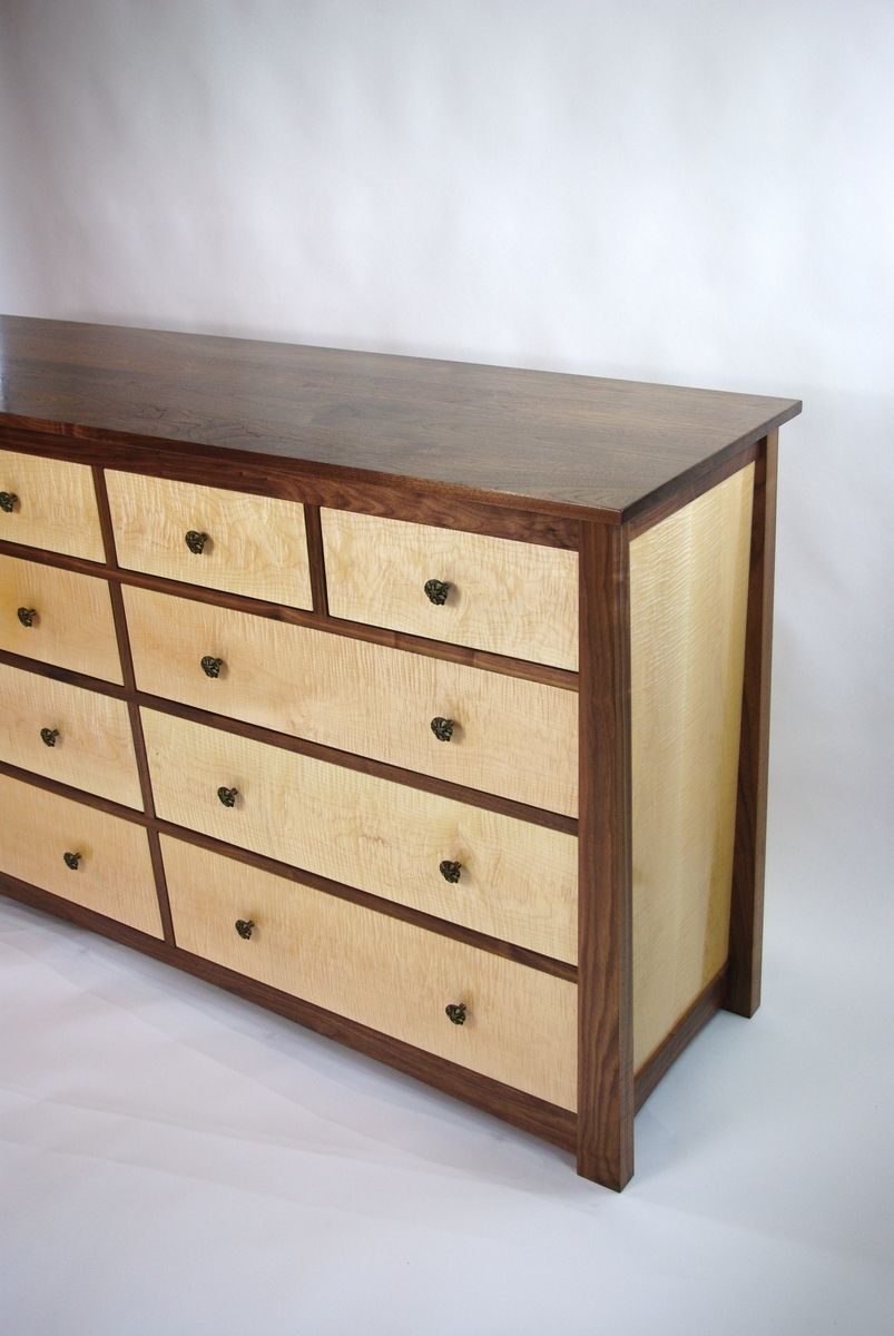 Hand Crafted Black Walnut And Curly Maple Dresser And Nightstands by