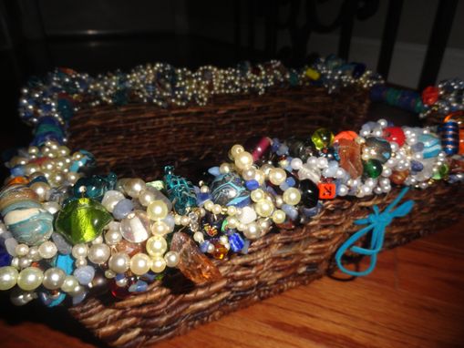 Custom Made Beaded Wicker Tray Basket With Leather Handles