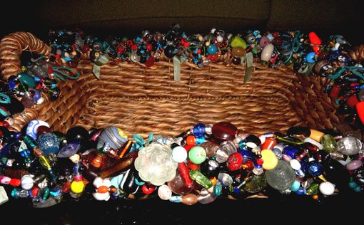 Custom Made Large Beaded Tray Basket With Handmade Glass Beads Blue Suede Cording