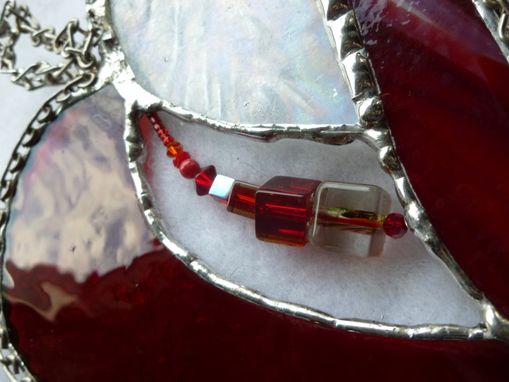 Custom Made Cranberry Red Stained Glass Heart With Beads And Crystals