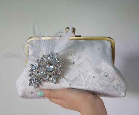 Custom Made Victorian-Inspired Lace Clutch Purse With Feathers And Crystal Brooch