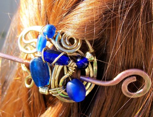 Custom Made Cobalt Blue Glass Accented Brass Hairpin