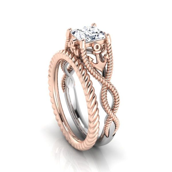 The twisting nautical rope band stacks a princess-cut diamond for this anchor inspired engagement ring.