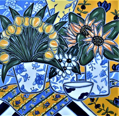 Custom Made Original French Country Still Life Painting, 24" X 24", Blue And Yellow