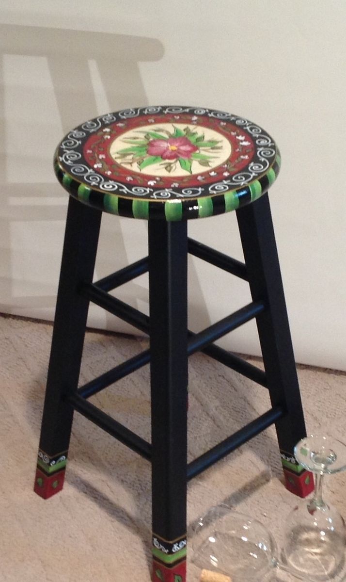 Hand Made 24" Hand Painted Custom Round Top Wooden Bar Stool Counter Stool Chair by Michele