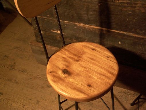 Custom Made Reclaimed Maple Swivel Bar Stools With Rebar Legs And Back Rest