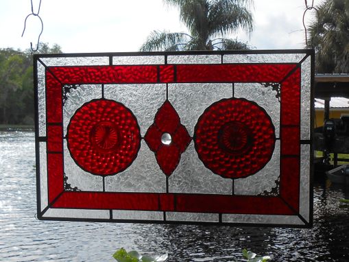 Custom Made Stained Glass Window Panel, Depression Glass Plate Valance, Ruby Red Bubble