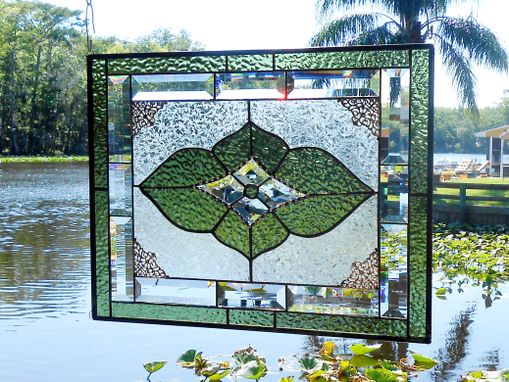 Custom Made Vintage Look Stained Glass Window Panel, Neutral Champagne & Beveled Glass Transom Window