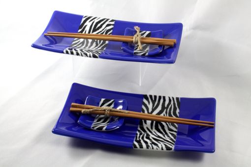 Custom Made Blue Glass Sushi Set With Zebra Stripes For Two
