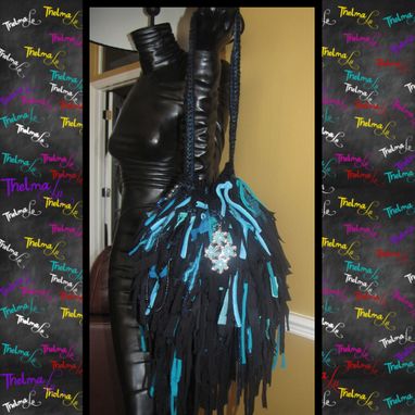 Custom Made Round Fringe Handbag,Black And Turquoise,Bling,Beads,Jewels,Crochet,Knit,Hippie,Boho,Funky,Purse