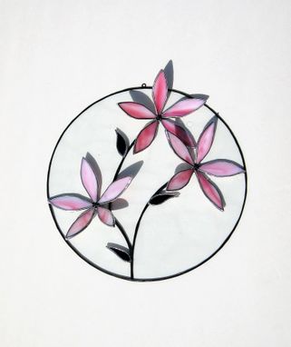 Custom Made Round Stained Glass Panel/ Sun Catcher With 3d Flowers- In Raspberry And Pink