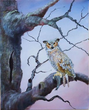 Custom Made Bird Painting, Wildlife Painting: Arizona Native Bird, Great Horned Owl In A Tree, Acrylic On Canvas