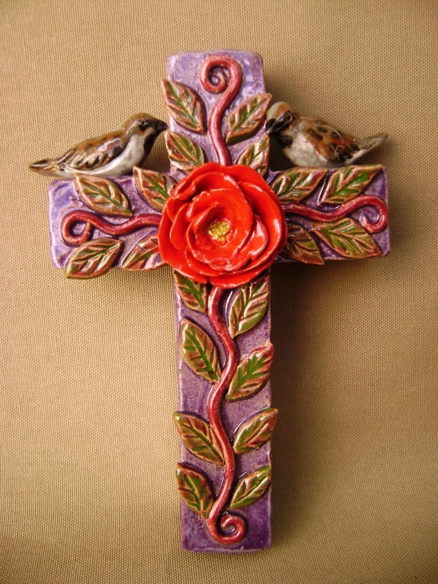 Custom Sparrows On A Cross Ceramic Wall Hanging by Robin Chlad Designs