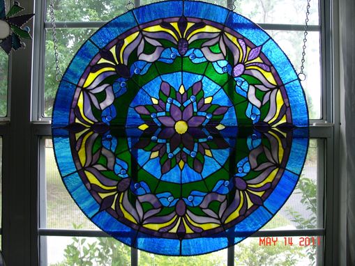 Custom Made Large Blue Mediallion Stained Glass Panel