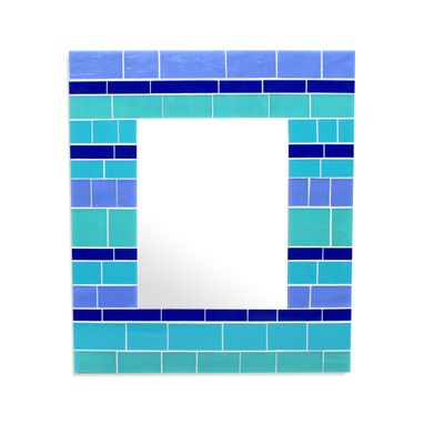 Custom Made Glass Mosaic Wall Mirror In Blue Stained Glass Tiles