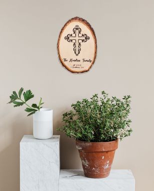 Custom Made Religious, Cross Home Décor Wedding Wood Sign, 11" In To 12.5" In, With Bark Live Edge, Customizable