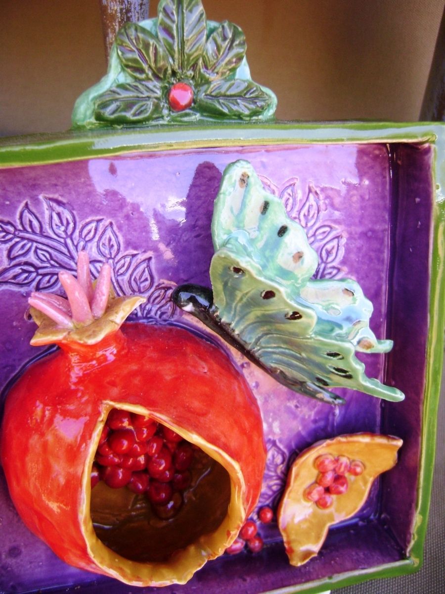 Hand Made Pomegranate Butterfly Ceramic Shadow Box Wall Hanging, Ready