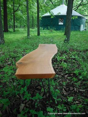Custom Made Cherry Live Edge Wood Slab Bench With Hairpin Legs
