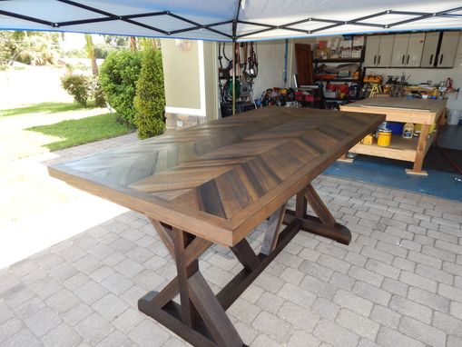 Custom Made Chevron Style Trestle Leg Wood Dining Table