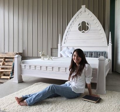 Custom Made Castle Coast Bed - 8 1/2' Tall Headboard With Pillars In White Wash