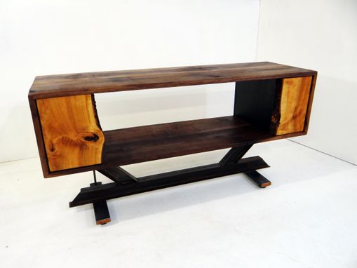 Custom Made Walnut Console Table With Metal I-Beam Base And Live Edge Cherry Doors