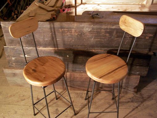 Custom Made Reclaimed Maple Swivel Bar Stools With Rebar Legs And Back Rest