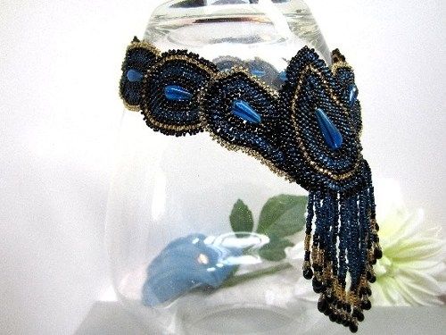 Custom Made Black Beadwoven Necklace Fringed Choker Peacock