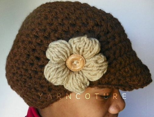 Custom Made The Puff Flower Brimmed Beanie - In Chocolate Brown
