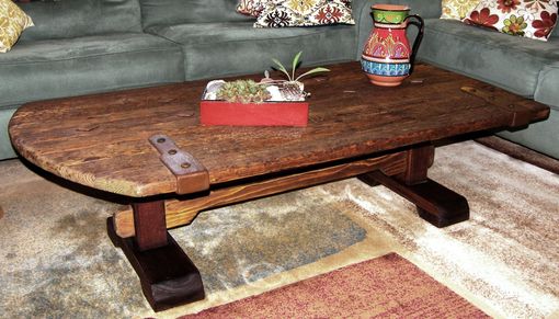 Custom Made Rustic Wood Coffee Table With Trestle Base & Forged Iron Accents By Rustic Furniture Hut