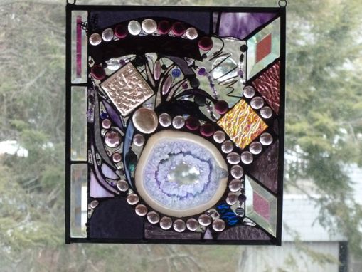 Custom Made Amethyst-Colored Stained Glass Abstract Mixed Media Panel