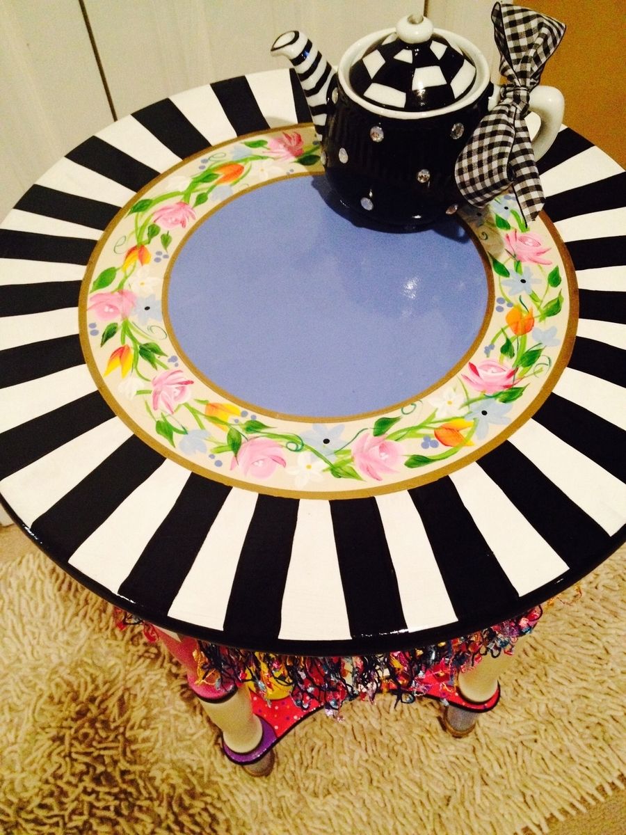 Hand Made Hand Painted Round Side Accent Table Custom Design//Painted