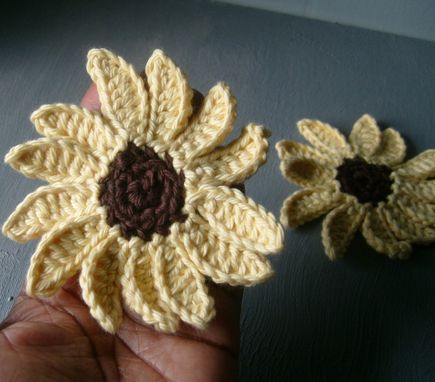 Custom Made Crocheted Sunflower Embellishments / In Yellow And Brown