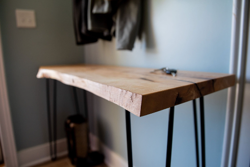 Custom Made Live Edge Console Table, Light Wood Entryway Table, With Metal Legs, Oak, Maple, Industrial