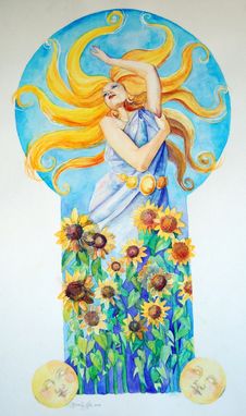 Custom Made Day Watercolor Painting, Includes Sunflowers And Female Figure