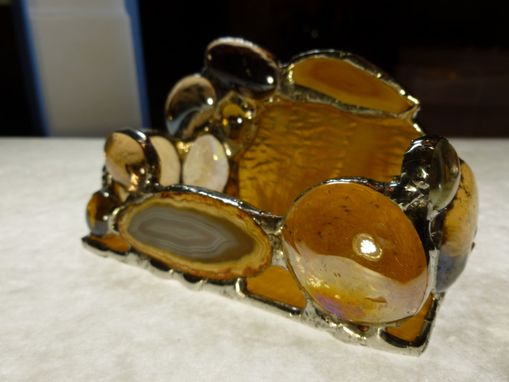 Custom Made Amber Brown Stained Glass Business Card Holder With Agate Geode