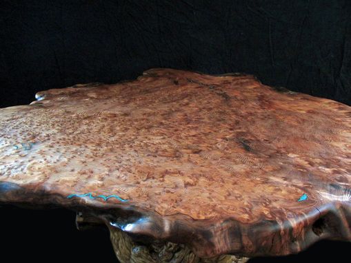 Custom Made Large Live Edge Redwood Burl Slab Coffee Table, Burl Pine Log Base With Turquoise Inlay