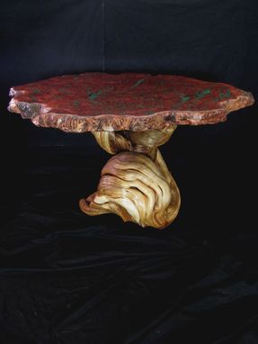 Custom Made Australian Jarrah Wood Bar, Bistro, Pub Table With Twisted Juniper Log Pedestal And Stone Inlay