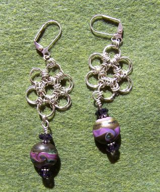 Custom Made Handmade Lentil Lampwork Beads With Sterling Silver Chainmaille Earrings Olive Green And Violet