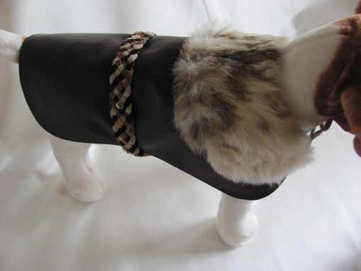 Custom Made Brown Leather Dog Clothes With Genuine Rabbit Collar & Braided Belt