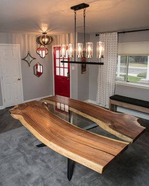 Custom Made Live Edge Dining Table, Bookmatched Mesquite W/ Glass Inlay