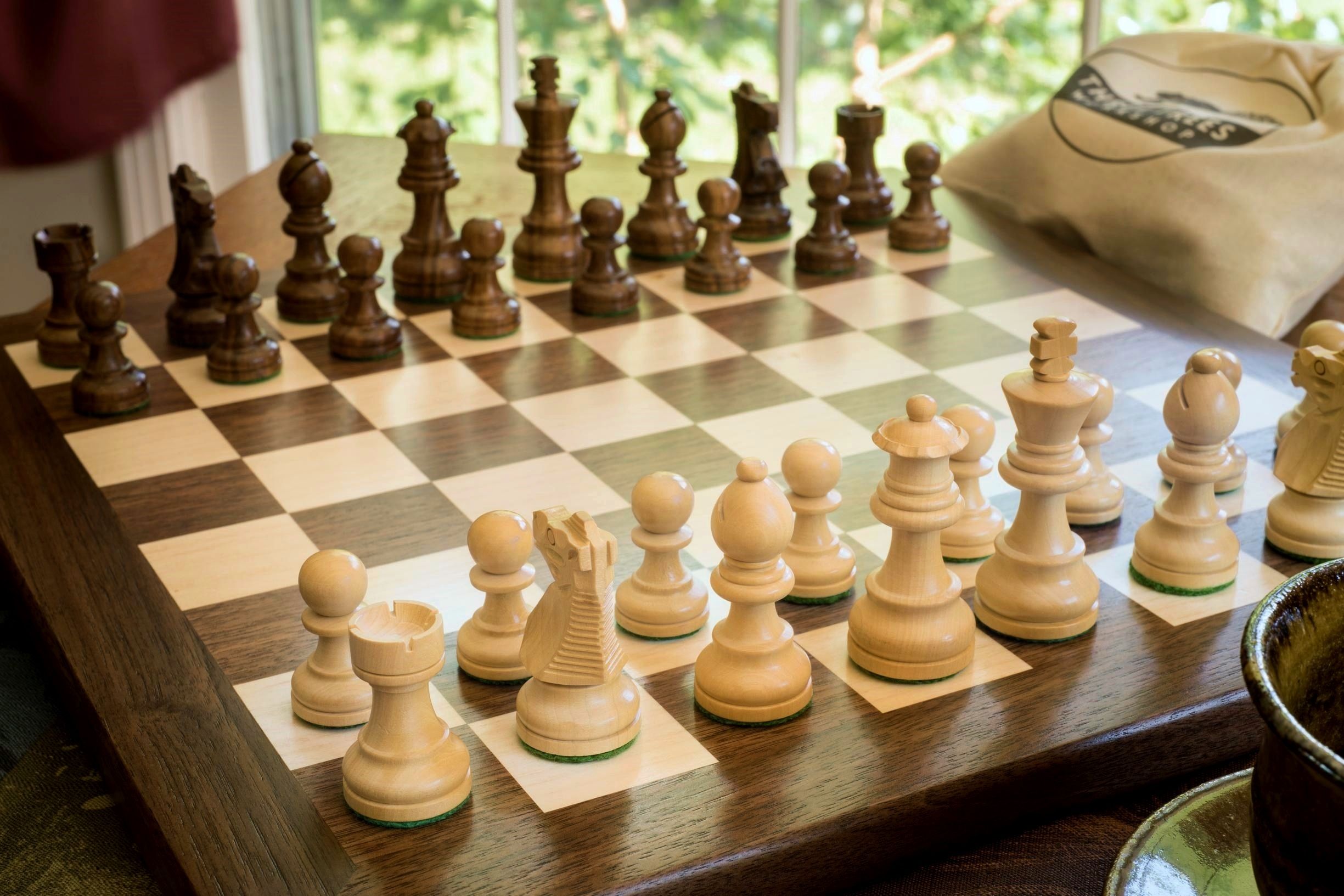 Handmade walnut wooden chess table  and chess pieces unique wooden chess set 