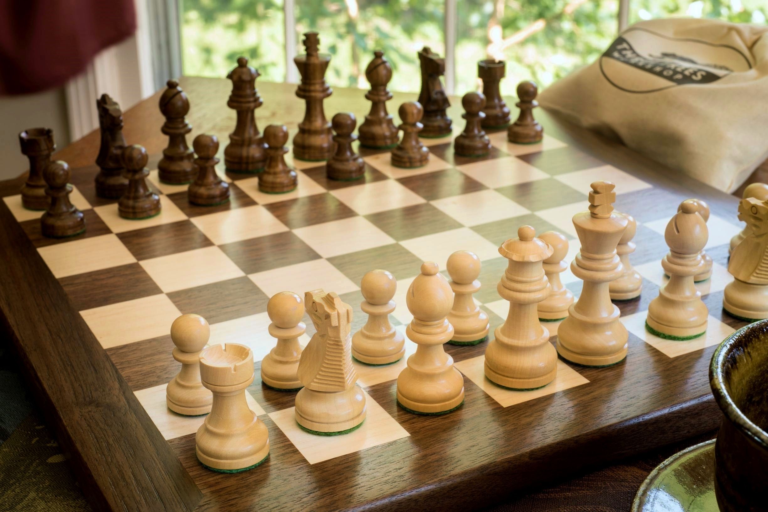 Hand Crafted Walnut And Maple Checkers/Chess Board With Carved